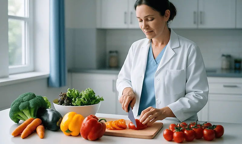 Healthcare professional preparing fresh vegetables in a modern kitchen.