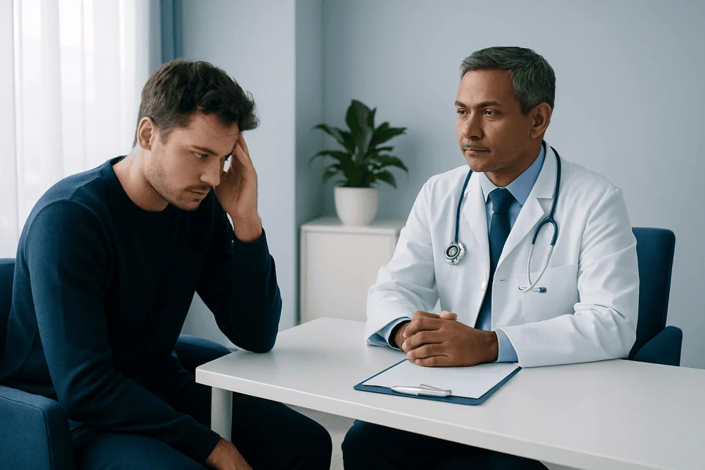 Doctor consulting with a young male patient in a medical office.