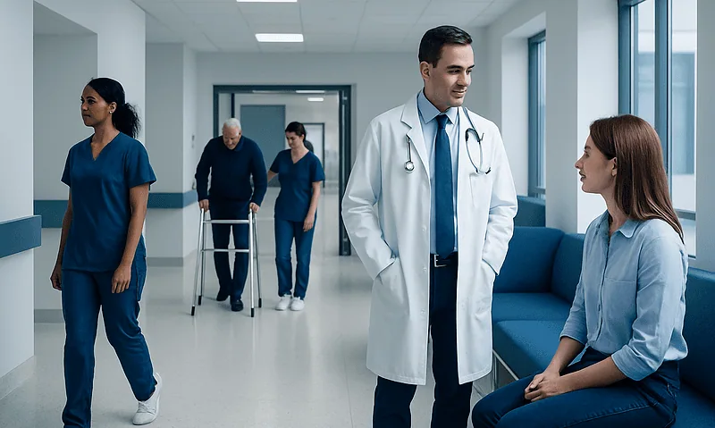 Healthcare professionals and patient in a hospital corridor.