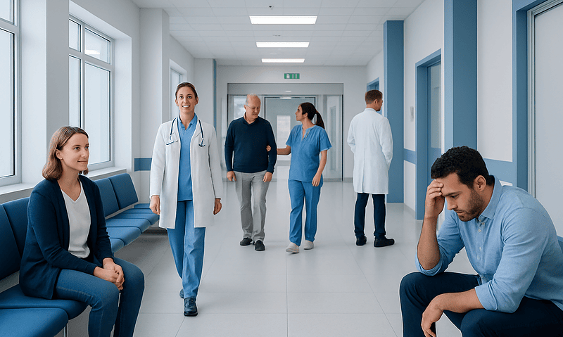 Patients and healthcare professionals in a hospital corridor.