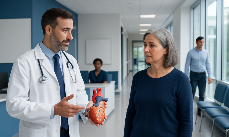Aorta Valve: An Evidence-Based Patient Guide 6 Doctor explaining a heart model to a female patient in a hospital corridor.