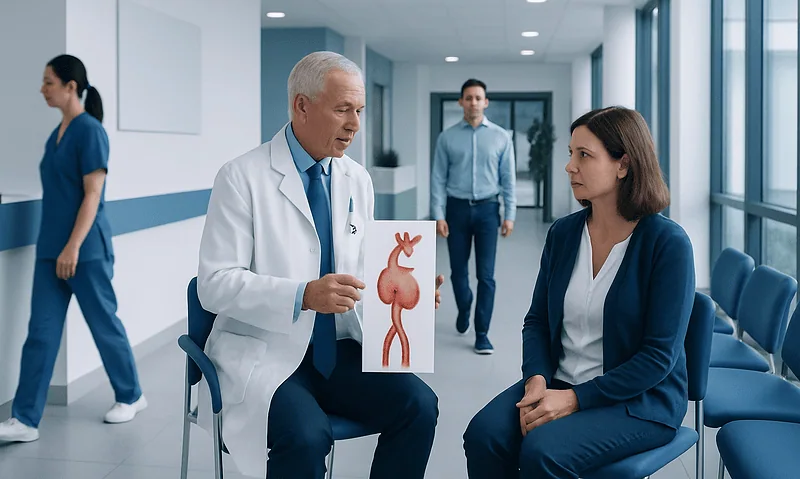 Doctor explaining aortic aneurysm to a patient in hospital corridor.