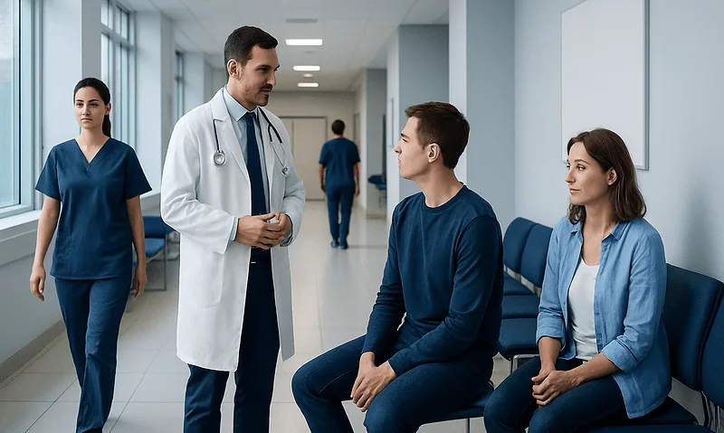 Apert Syndrome Treatment: How It Works, Results and What to Expect 1 Doctor consulting with patients in a hospital corridor.
