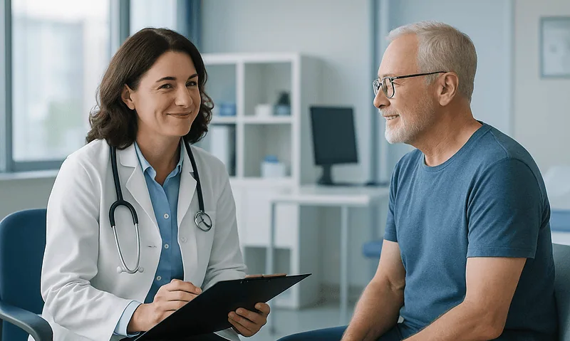 Doctor consulting with an elderly male patient in a medical office.