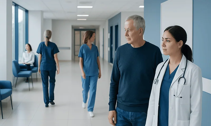 Medical professionals and a patient in a hospital corridor.
