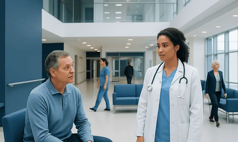 Doctor consulting with a patient in a modern hospital lobby.