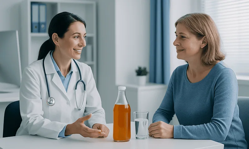 Doctor consulting a patient in a medical office with a bottle of medicine on the table.