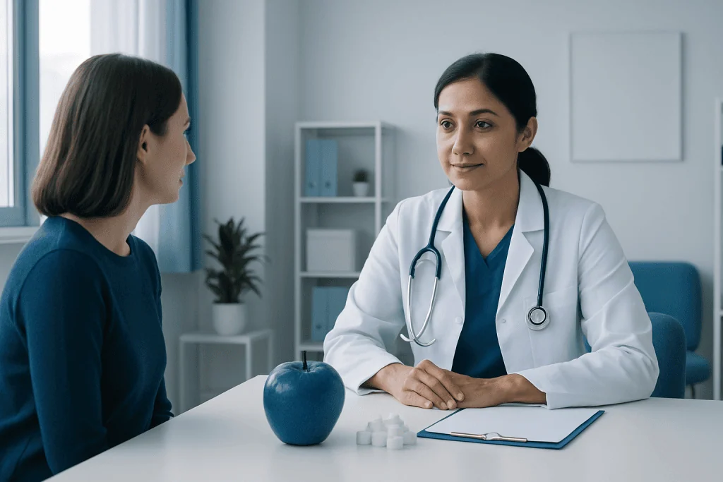 Doctor consulting with patient in a modern hospital setting.