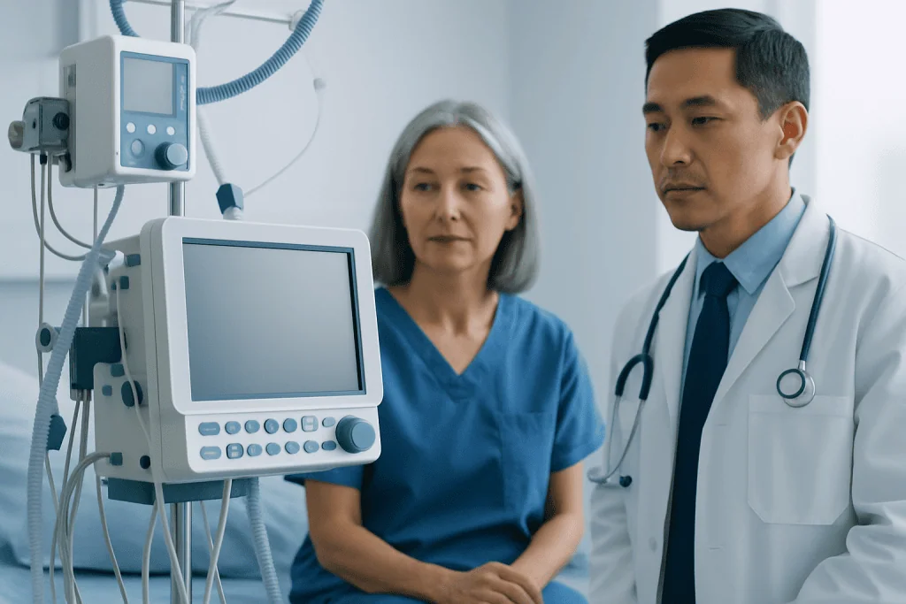 Medical professionals discussing patient care in a hospital room with monitoring equipment.