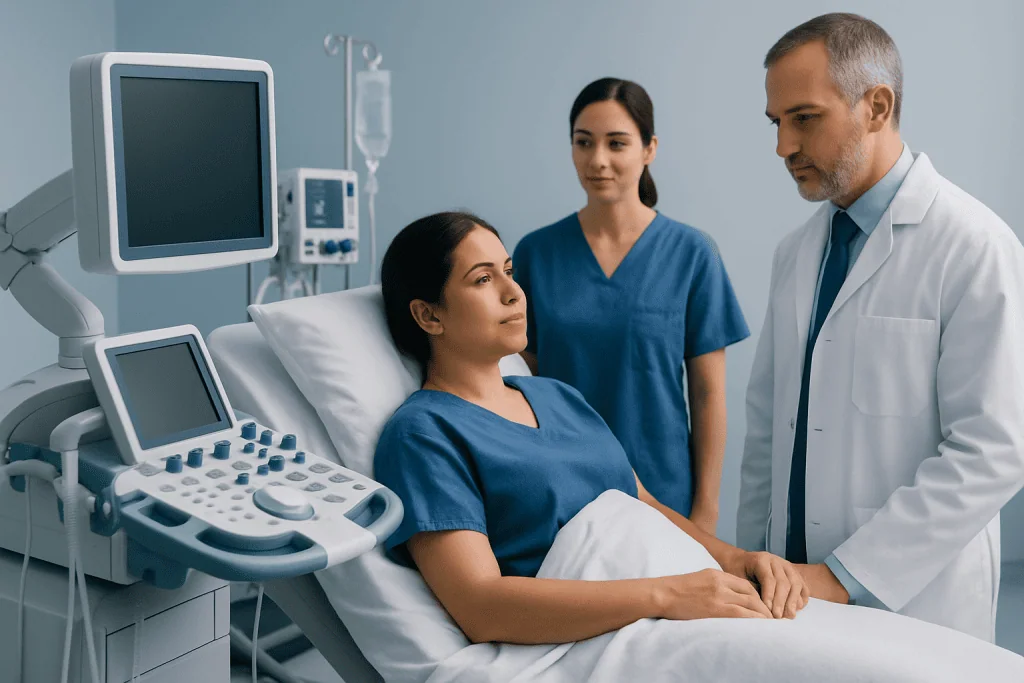 Doctor consulting with patient in hospital room with medical equipment.