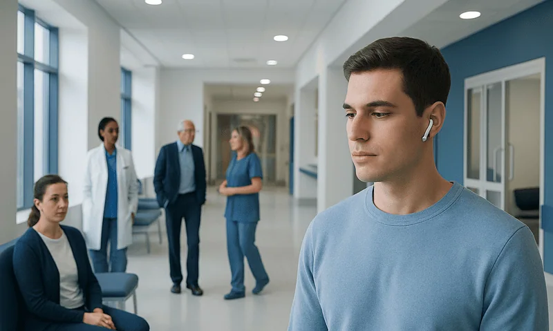 Young man with AirPods in a hospital corridor during a medical consultation.