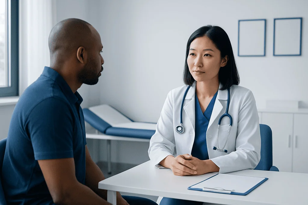 Doctor consulting with patient in a medical office setting.