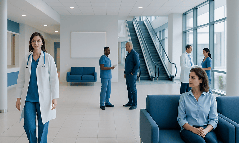 Healthcare professionals and patients in a modern hospital lobby.
