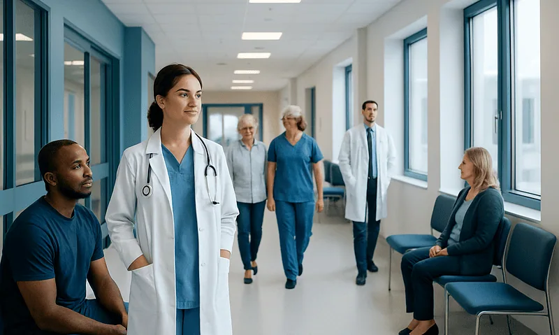 Healthcare professionals and patients in a hospital corridor at Acibadem Hospitals Group.