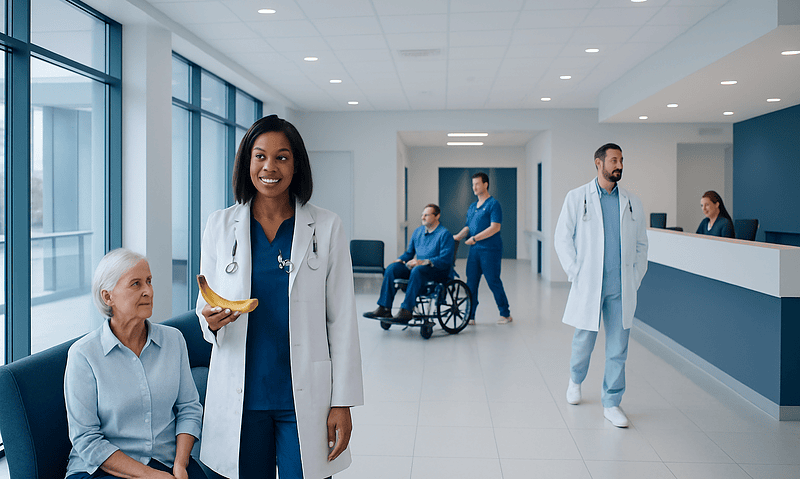 Healthcare professionals and patients in a modern hospital corridor.