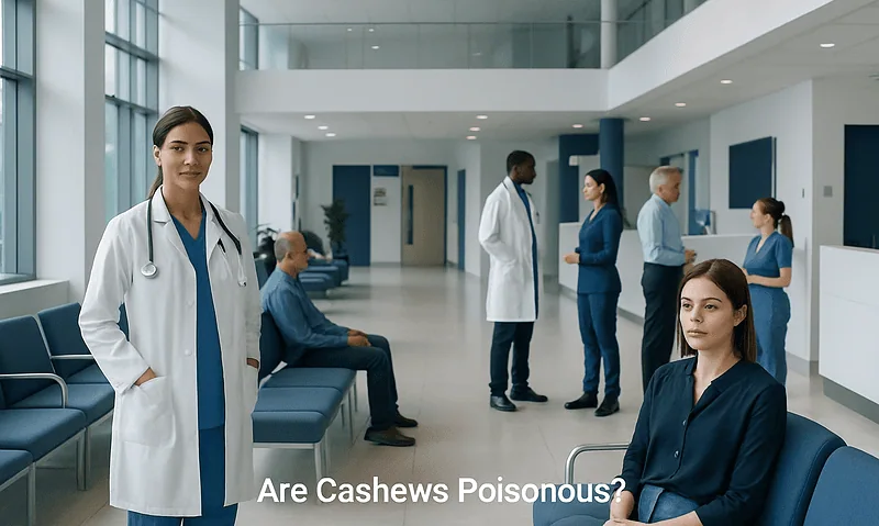 Medical professionals and patients in a hospital waiting area.