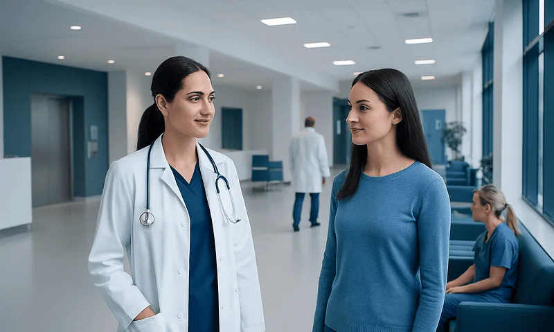 Doctor talking to a patient in a modern hospital corridor.