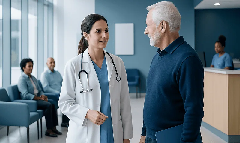 Are Dates Good for Diabetics? Causes, Explanations, and Next Steps 6 Doctor talking to a senior patient in a hospital waiting area.