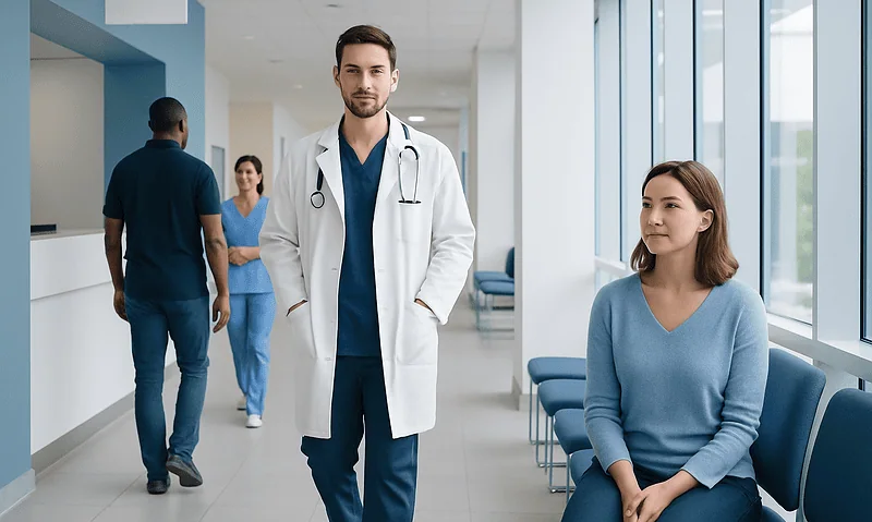 Doctor and patient in a hospital corridor at Acibadem Hospitals Group.
