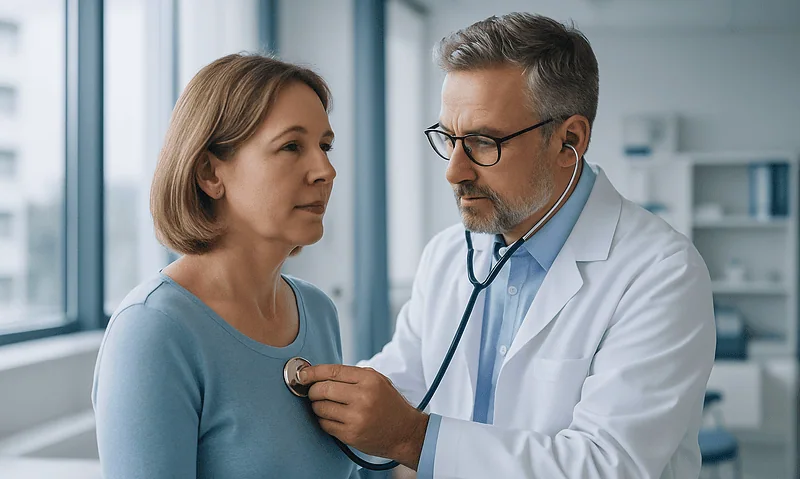 Doctor examining a woman with a stethoscope in a medical office.