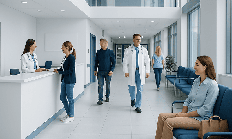 Modern hospital lobby with medical staff and patients in a bright, clean environment.