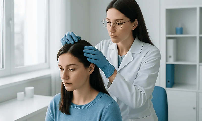 Medical professional examining patient's scalp in a clinical setting.