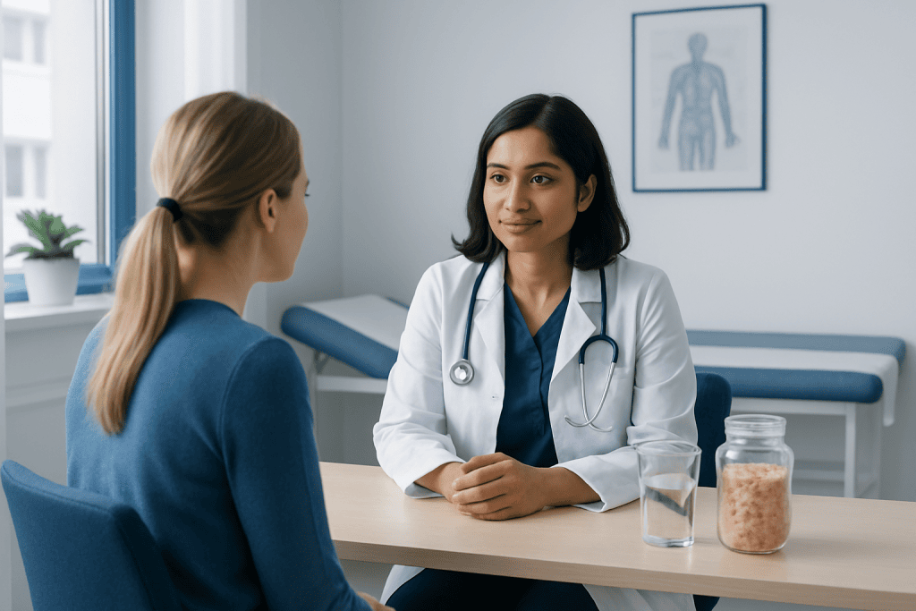 Doctor consulting with a patient in a medical office setting.