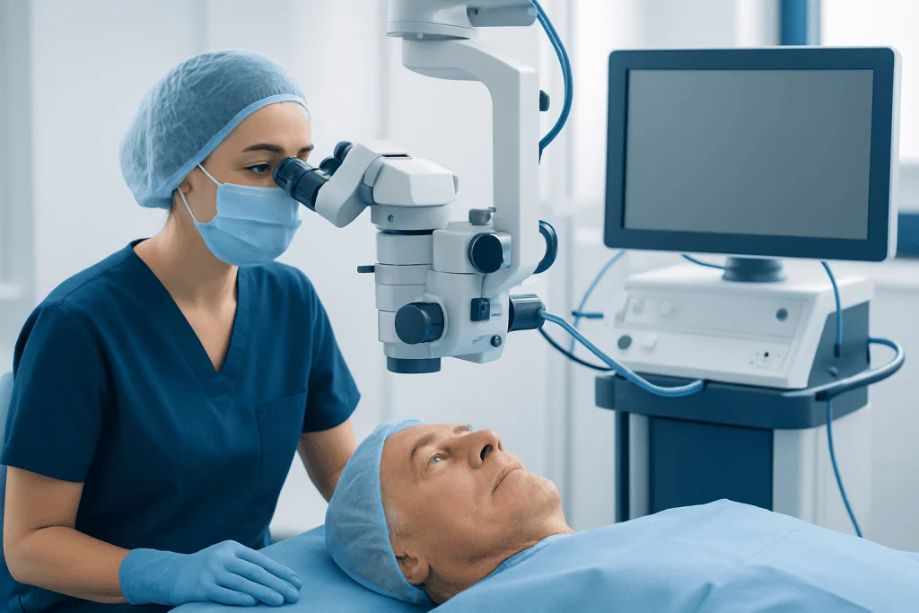 Surgeon performing eye surgery using a microscope at Acibadem Hospital.