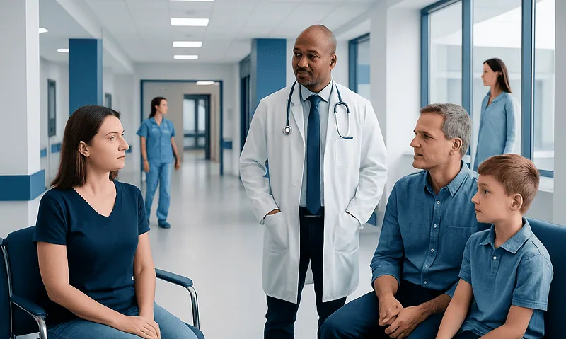 Health Library 9 Doctor consulting with a family in a hospital corridor.