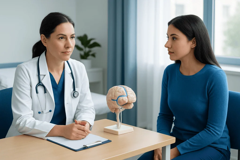 Doctor explaining Ommaya shunt procedure to patient with brain model.