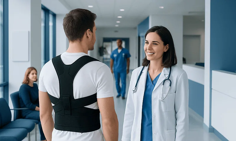 Patient with back brace consulting a doctor in hospital corridor.