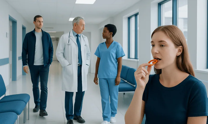 Young girl eating a snack in a hospital corridor with medical staff and visitors.