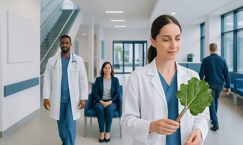 Healthcare professionals in a hospital lobby with a woman holding a green leaf.
