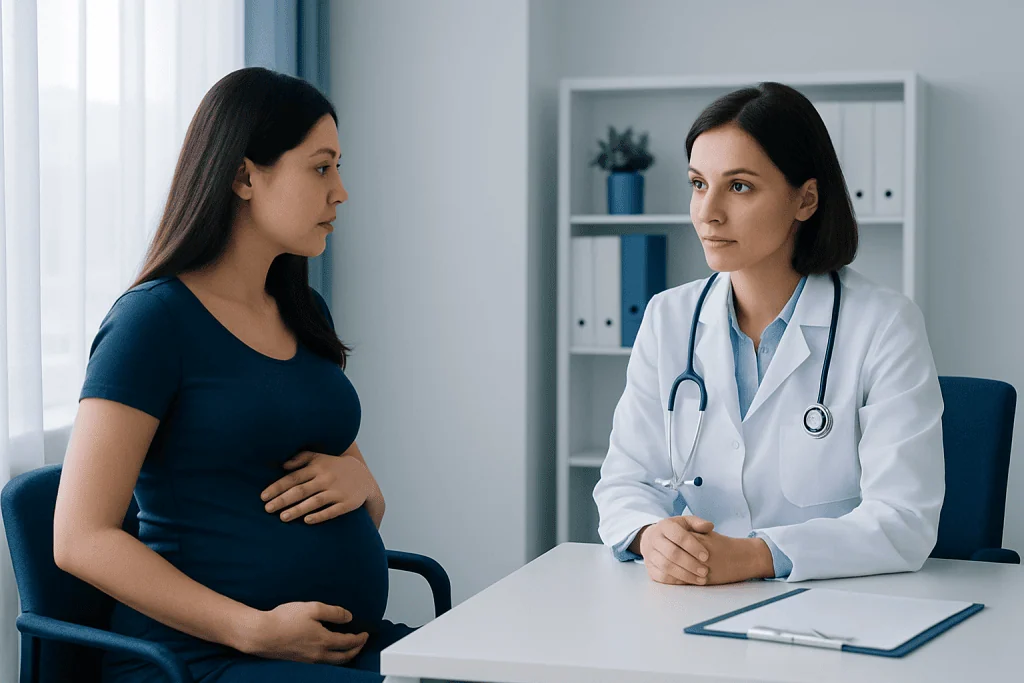 Pregnant woman consulting with a doctor in a medical office.