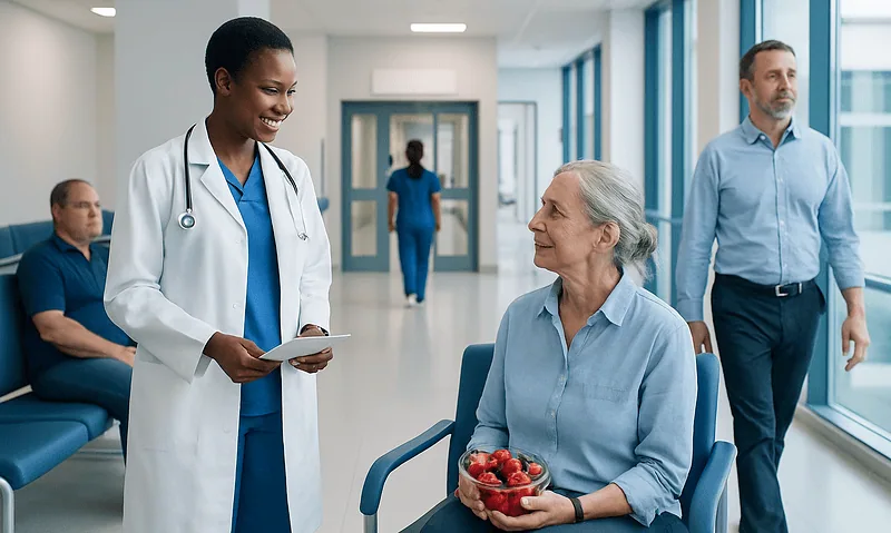 Healthcare professional talking to elderly patient in hospital corridor.