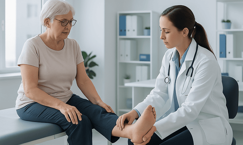 Doctor examining elderly woman's swollen foot in a medical clinic.