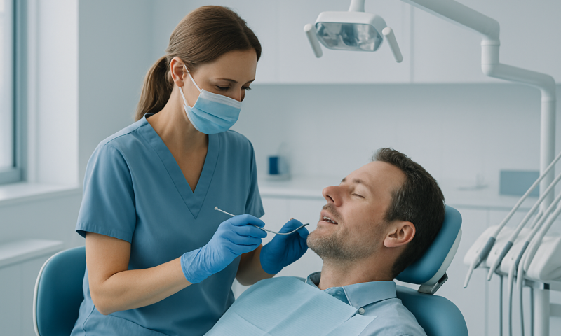 Dentist examining a patient's teeth in a modern dental clinic.