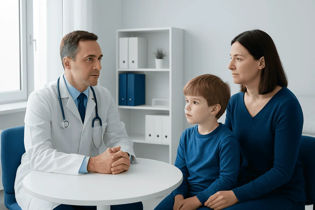 Doctor consulting with mother and child in a medical office.