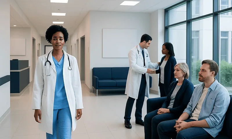 Healthcare professionals and patients in a modern hospital corridor.