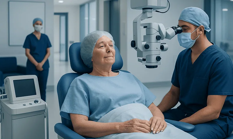 Ophthalmologist performs cataract surgery on elderly patient in hospital.