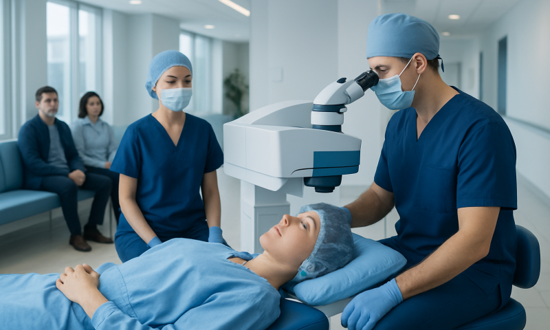 Are You Awake During Laser Eye Surgery: Procedure, Recovery and Results 5 Surgeon performing laser eye surgery with a microscope in a modern clinic.