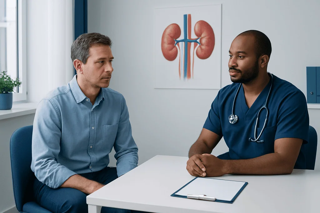 Doctor consulting with patient about kidney health in a medical office.
