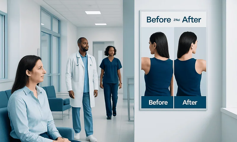 Before and after arm lift results displayed on a hospital poster.