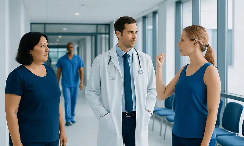 Doctor consulting with two female patients in hospital corridor.