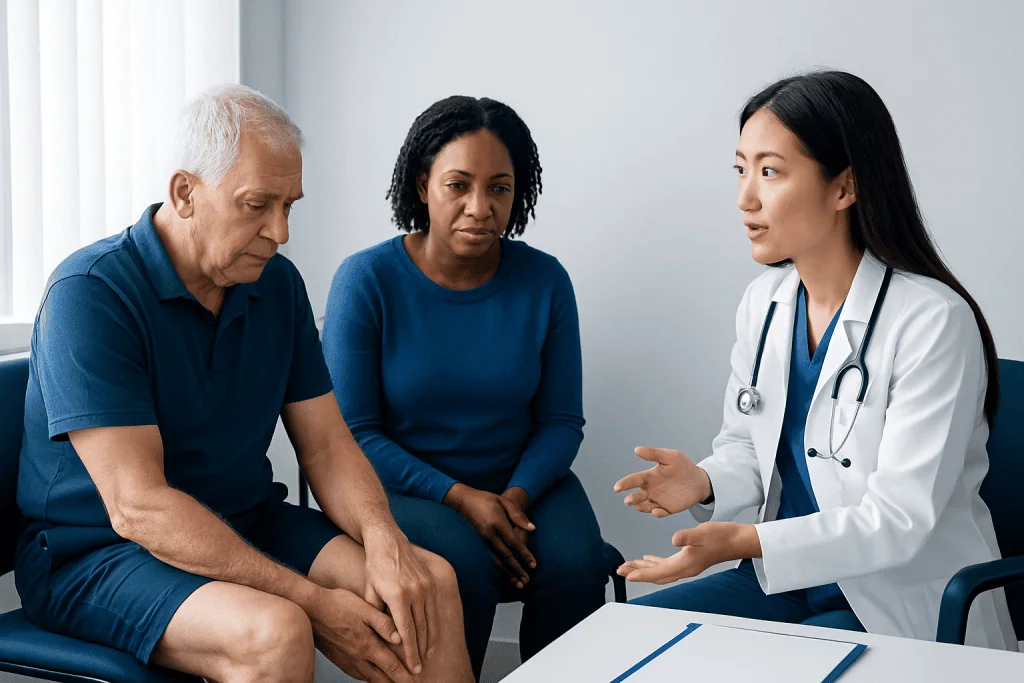 Doctor consulting with elderly patients about health concerns in a clinic.