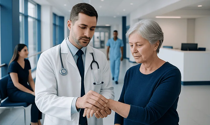 Doctor examining elderly woman's wrist in a hospital setting.