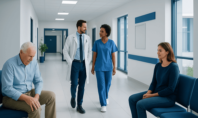 Doctor consulting with patient in hospital corridor with waiting area.