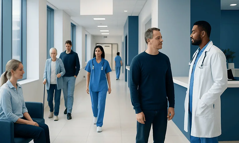 Medical professionals and patients in a hospital corridor at Acibadem Hospitals Group.