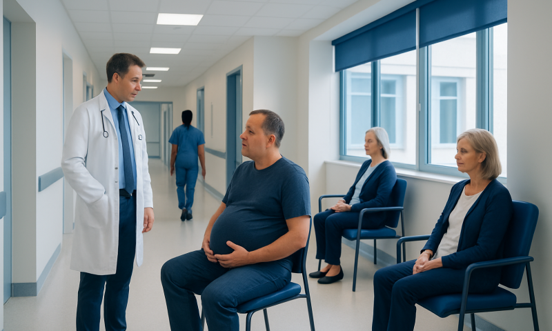 Doctor consulting with a patient in a hospital corridor.