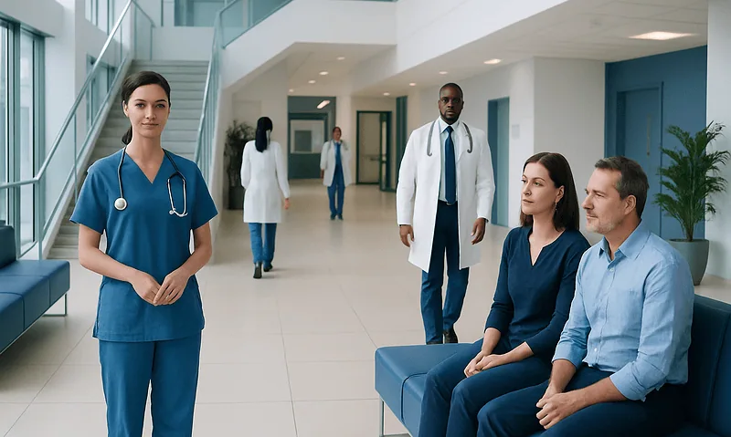Healthcare professionals and patients in a modern hospital lobby.